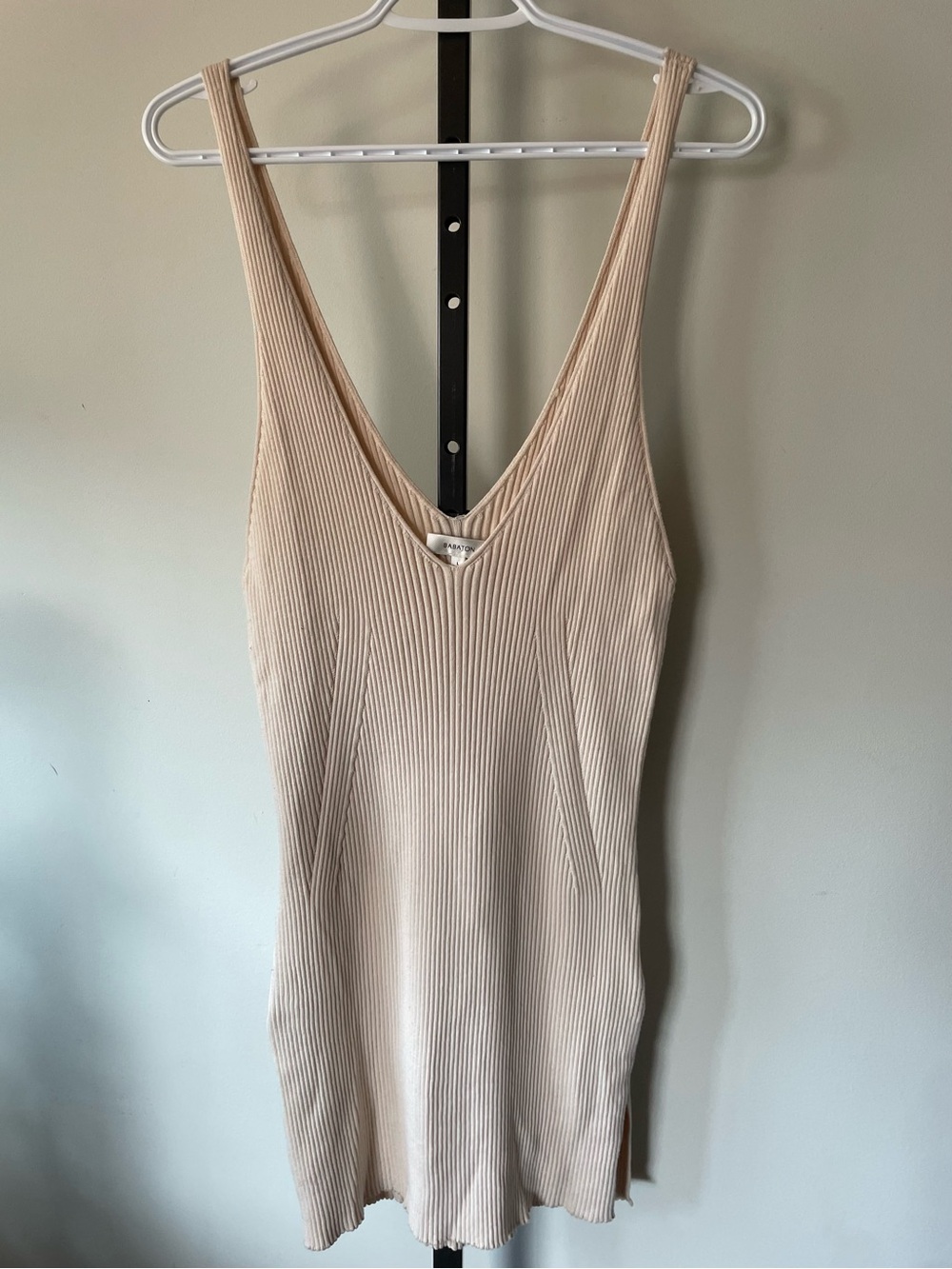 Babaton Aritzia Ribbed Deep V Mini Dress Cream Beige Size L